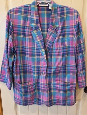 VTG Cathy Daniels Plaid Blazer Large Cotton 80s 90s Multi Color Madras Jacket